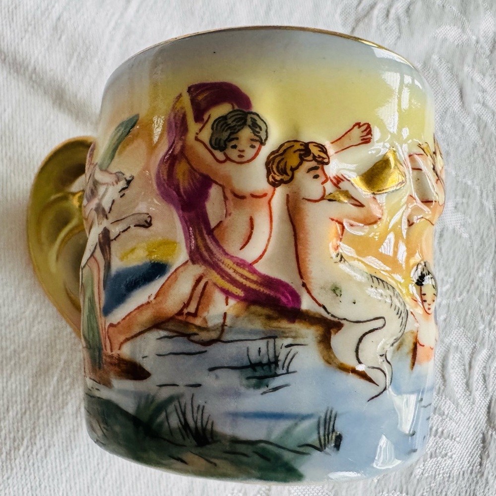 Vintage Majolica Demi tasse mug with mermaid designs